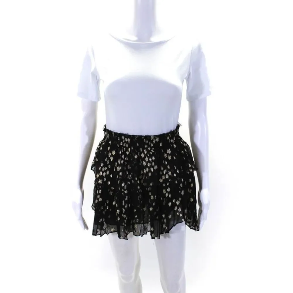 Love Shack Fancy Womens Silk Tiered Mini Skirt Black Gold Size Extra Small